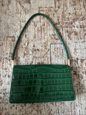 Green Croc-Embossed Shoulder Bag with Gold Accents - Women